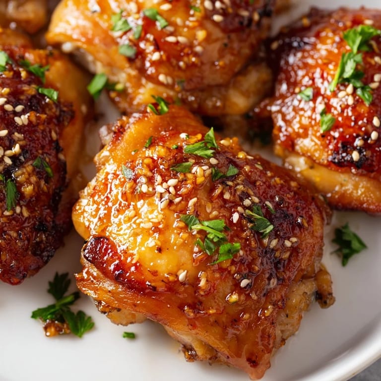 A close-up of juicy Honey Garlic Glazed Chicken thighs coated in a sticky, caramelized sauce with flecks of garlic and red pepper flakes.