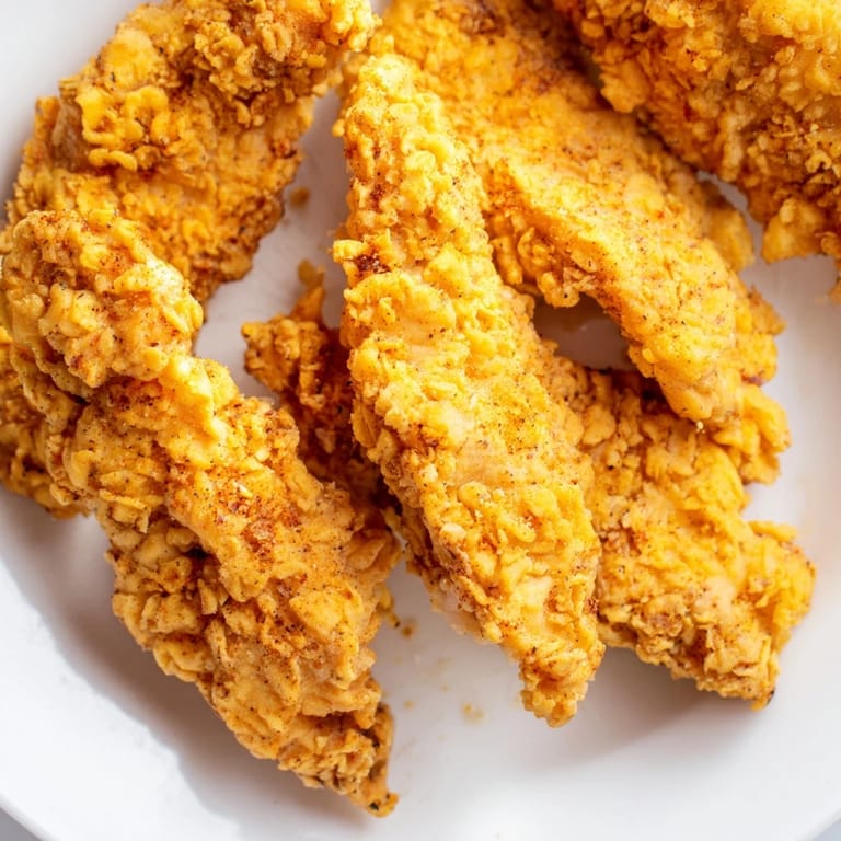 Perfectly cooked homemade chicken tenders served with creamy ranch dipping sauce on a white plate.