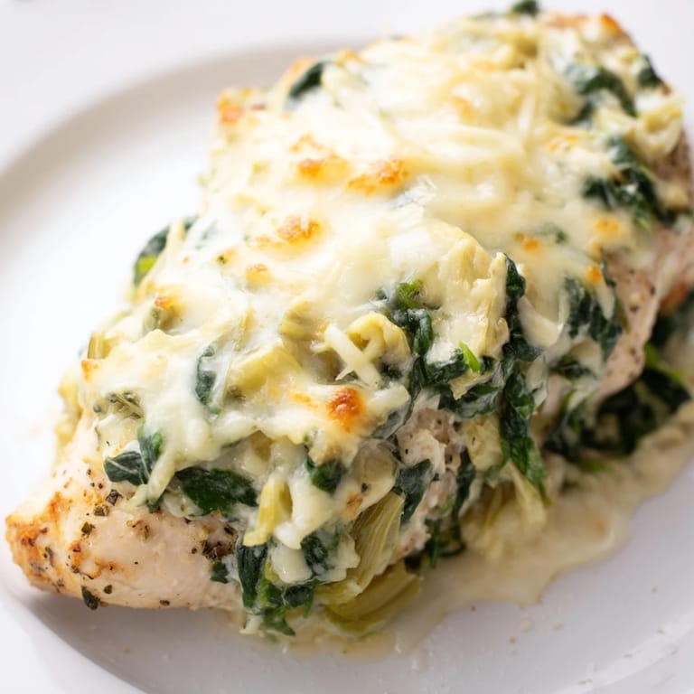 Tender chicken breasts are smothered in a creamy, tangy spinach and artichoke yogurt blend in this comforting dish.