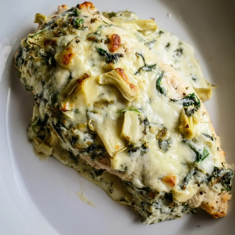 Spinach & Artichoke Chicken Bake served on a white plate, ideal for a weeknight main course.