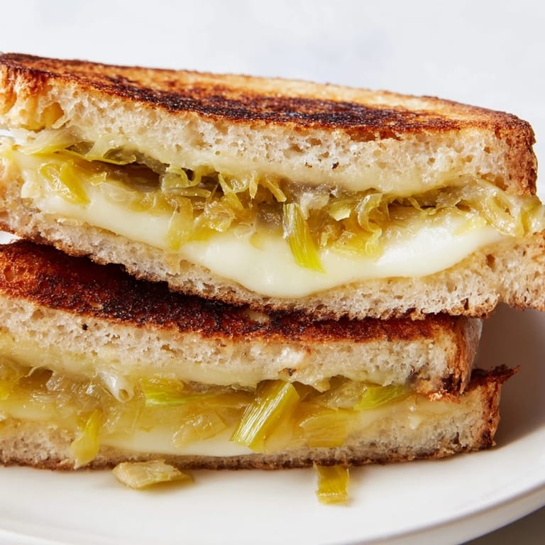 A fresh-cut slice of Havarti & Caramelized Leek Grilled Cheese is lifted, steam rising from the melted cheese and caramelized leeks.