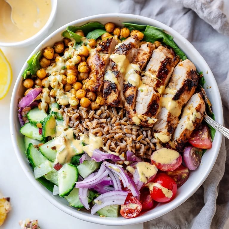 Healthy Mediterranean-inspired Lemon Tahini Chicken Power Bowl with roasted chicken, farro, and a rich tahini dressing on a rustic wooden table.
