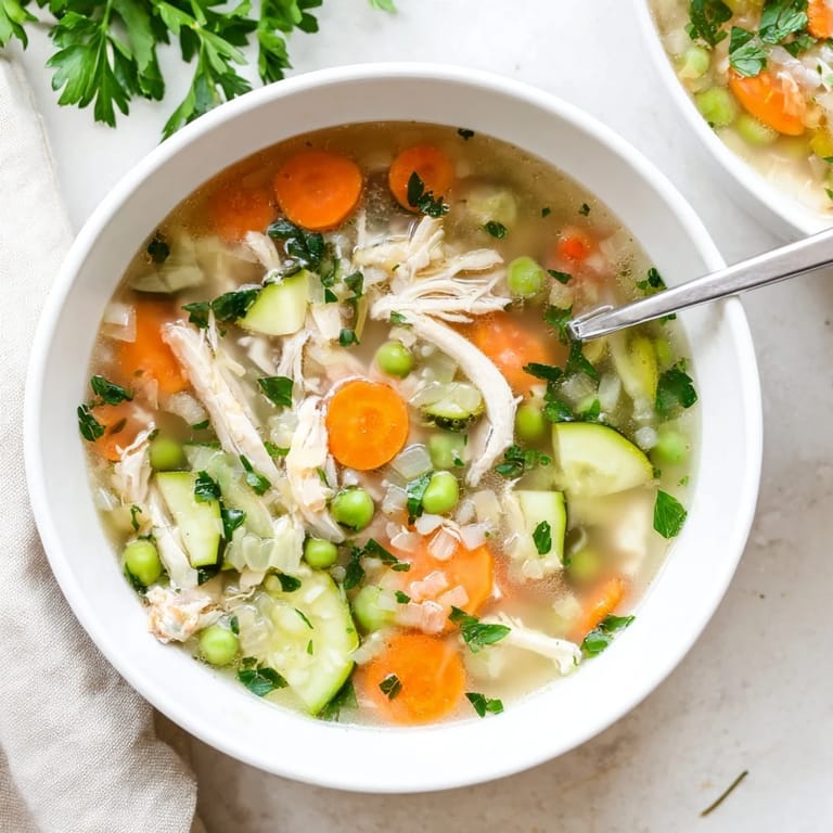 Homemade Spring Garden Chicken Soup served in a rustic bowl, garnished with fresh parsley and lemon wedges.