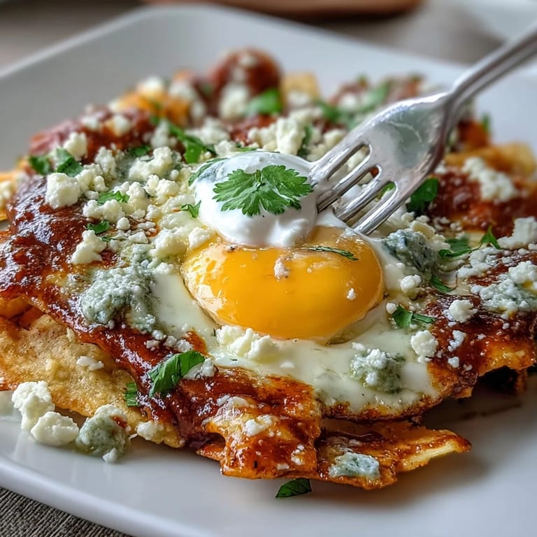A skillet of golden chilaquiles features crunchy tortillas in zesty salsa, crowned with a sunny-side-up egg, sliced avocado, and a dollop of sour cream.  