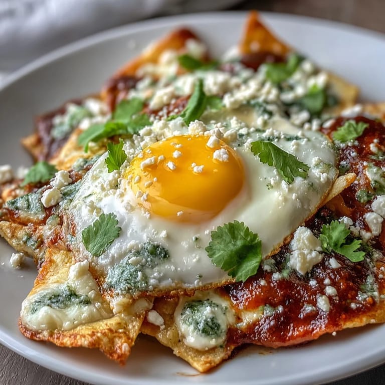 Hearty Mexican chilaquiles breakfast with saucy chips, perfectly fried eggs, red onion, and crumbled cheese, served on a bright plate for a comforting morning meal.