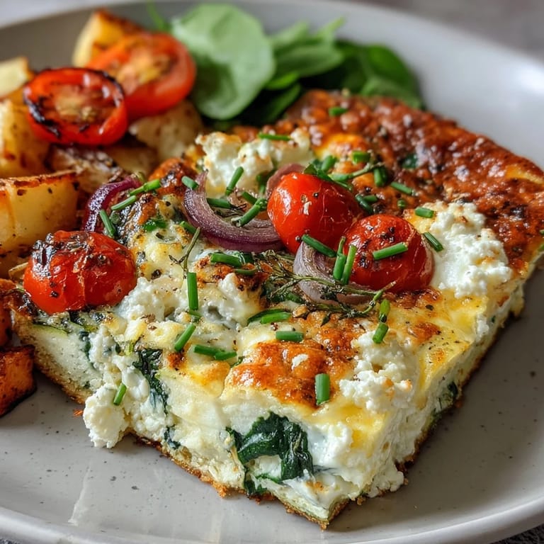 Freshly sliced squares of High-Protein Sheet Pan Eggs with Cottage Cheese and Veggies, garnished with herbs and ready for breakfast meal prep.