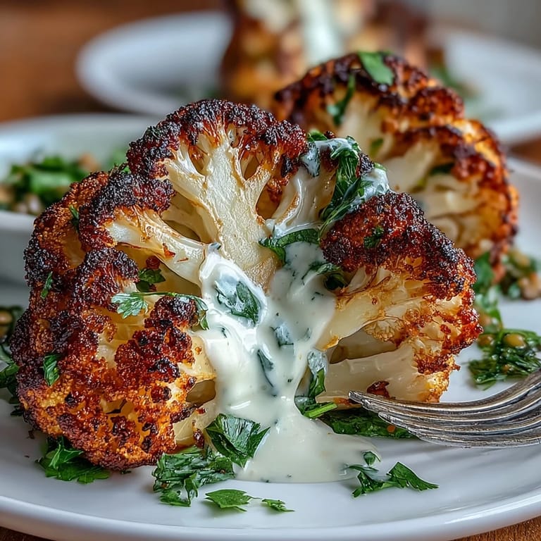 Middle Eastern-inspired platter featuring tender spiced cauliflower, vibrant lentils, and a dollop of tangy cumin yogurt sauce, ready to serve.