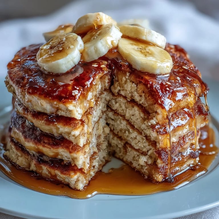 A top-down view of ripe Banana Oat Pancakes topped with sliced bananas and a drizzle of maple syrup.  