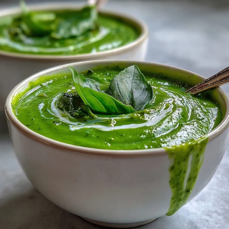 A steaming bowl of Courgette, Pea and Pesto Soup paired with crusty bread for dipping on a bright spring-inspired table.