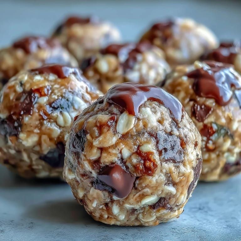 Homemade Banana Chocolate Chip Energy Balls with a drizzle of maple syrup, perfect for a quick vegetarian snack.