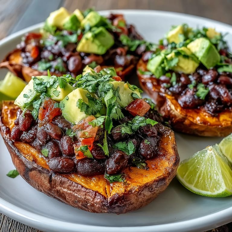 A vibrant plate of roasted sweet potatoes loaded with chipotle black beans, zesty tomato salsa, and cool avocado slices.  