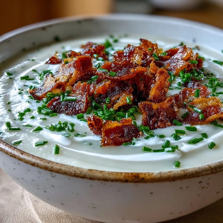 A steaming bowl of creamy celeriac soup featuring crispy bacon garnish, ready to serve with crusty bread.