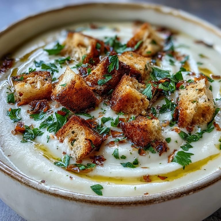 Hearty roasted garlic soup in a rustic bowl, garnished with herbs and a slice of gluten-free toast, easy and comforting dinner.