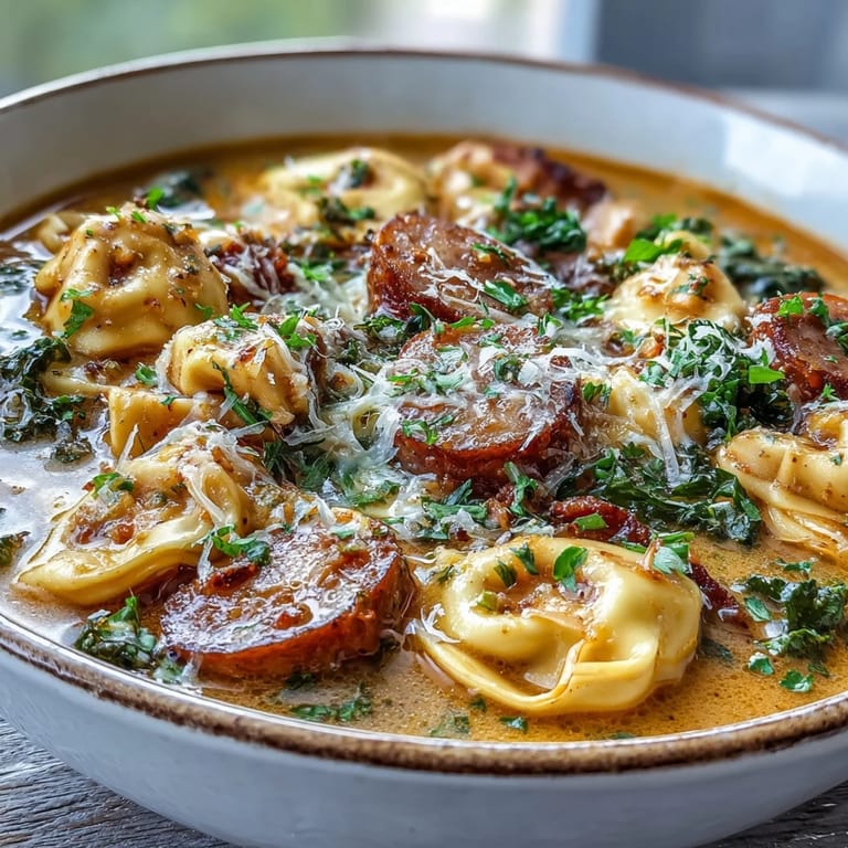 Spoon into rich Pumpkin Tortellini Soup with Chicken Sausage and Kale, garnished with Parmesan and fresh parsley for a hearty autumn meal.