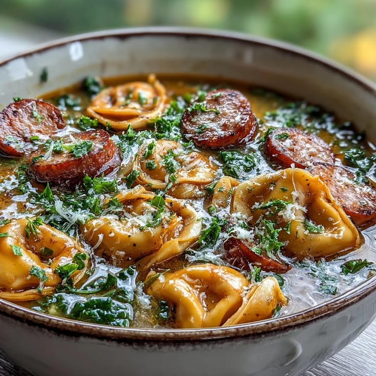 Close-up of Pumpkin Tortellini Soup with Chicken Sausage and Kale shows glistening broth, sliced sausage, and wilted kale in a rustic white bowl.