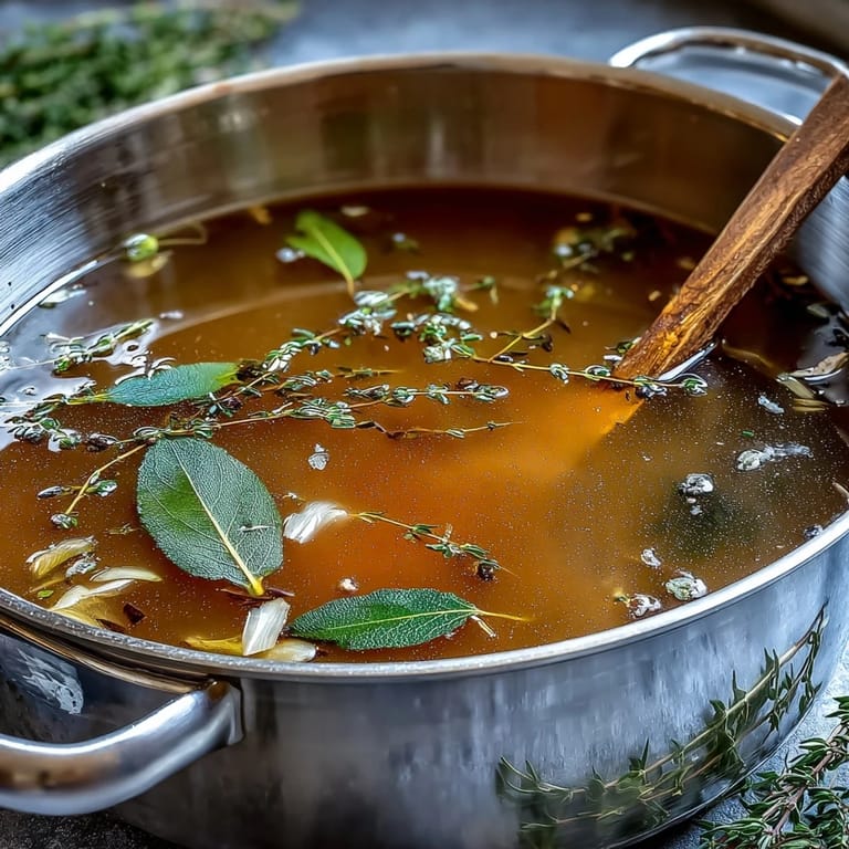This rich Vegetable Broth From Scraps steams in a glass jar, with a bowl of fresh vegetable trimmings and herbs placed nearby for context.