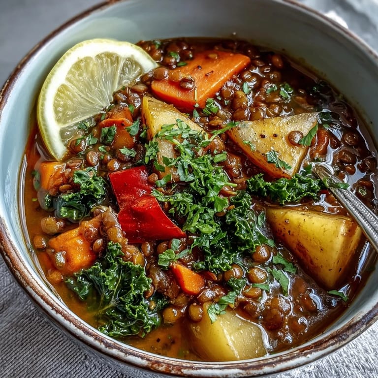 A colorful bowl of vegetarian lentil stew served with crusty bread on a wooden table.