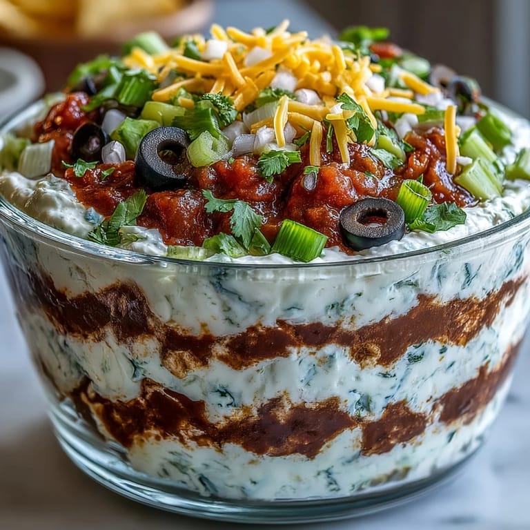 A chilled 4-Way Layered Dip with smooth sour cream, cheddar, olives, and green onions, served with crispy tortilla chips for dipping.