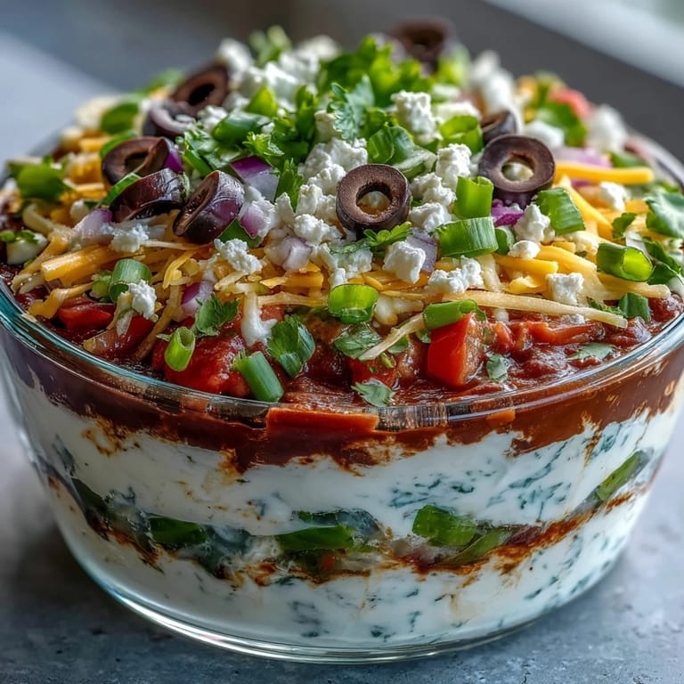 This 4-Way Layered Dip features refried beans, cilantro, red onion, and diced tomatoes, ready for a festive party appetizer spread.
