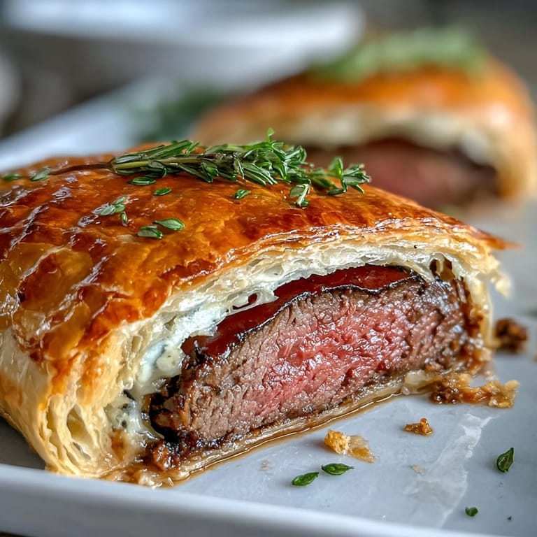 Sliced Beef Wellington revealing juicy pink beef, mushroom duxelles, and prosciutto layers.