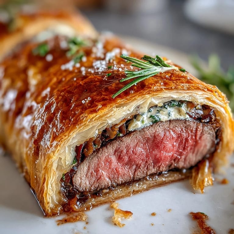 Perfectly baked Beef Wellington served sliced with roasted potatoes and fresh thyme garnish.