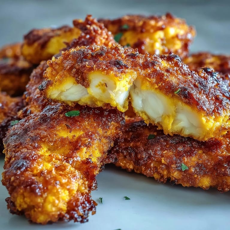 A hand dipping a crunchy Turmeric Chicken Tender into sweet chili sauce, steam rising from the golden strips.