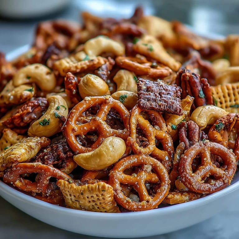 Golden-brown Everything Ranch Cheese and Pretzel Snack Mix on a rustic wooden board, packed with crunchy pretzels, cashews, and savory rye chips for party snacking.