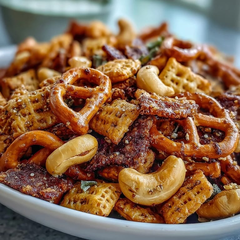 Freshly baked Everything Ranch Cheese and Pretzel Snack Mix cooling on a baking sheet, showcasing cheesy crackers coated in everything bagel seasoning and ranch flavors.
