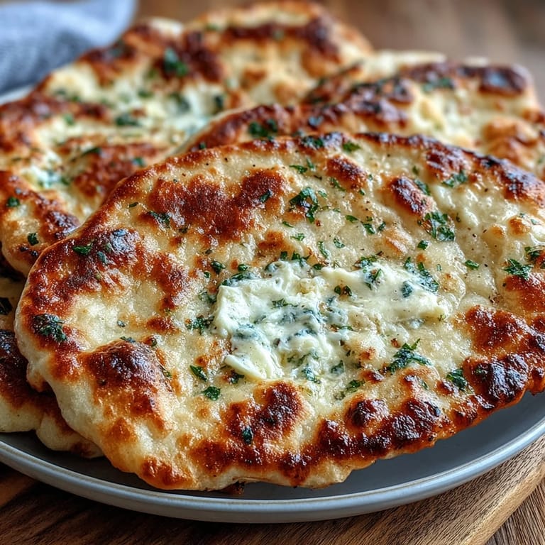 Golden, bubbly The Best Easy Garlic Naan Bread resting on a wooden board next to a skillet.