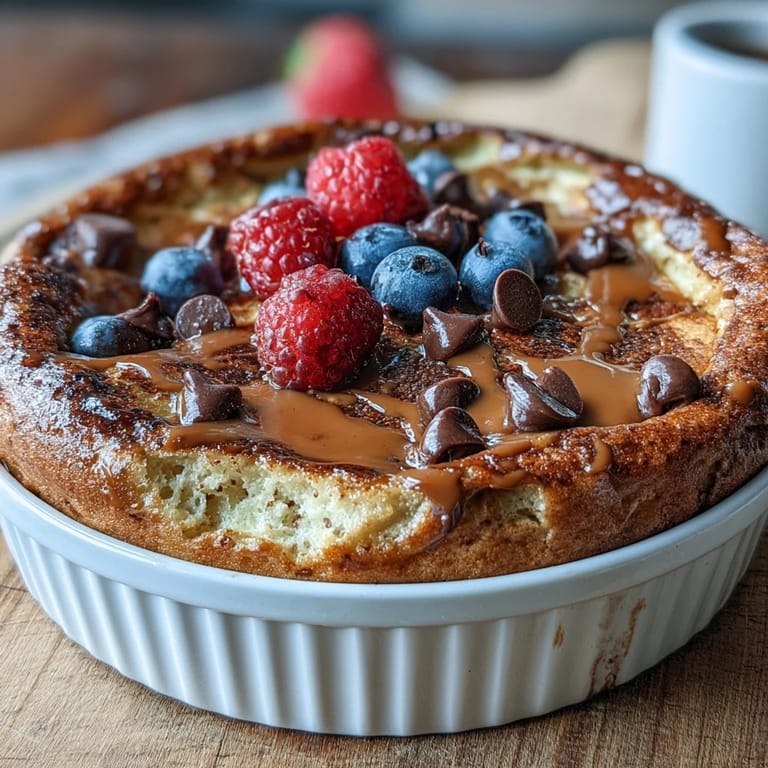This single-serve Baked Protein Pancake Bowl is topped with creamy peanut butter and a drizzle of maple syrup.