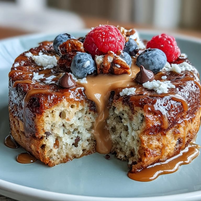A fluffy, high-protein breakfast bowl with fresh berries and a dollop of yogurt, baked to golden perfection.