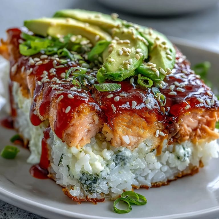 Golden-brown Spicy Salmon Sushi Bake scooped onto a roasted seaweed sheet, revealing fluffy rice and flaked fish layers.