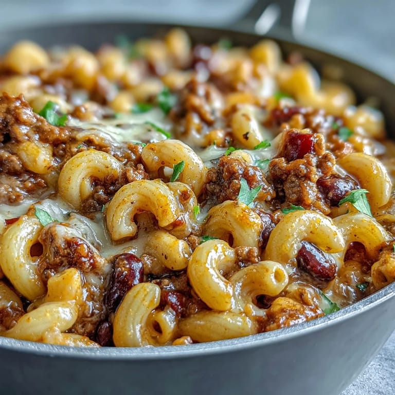 Creamy One-Pan High Protein Chili Mac with ground beef and macaroni being scooped from a skillet.