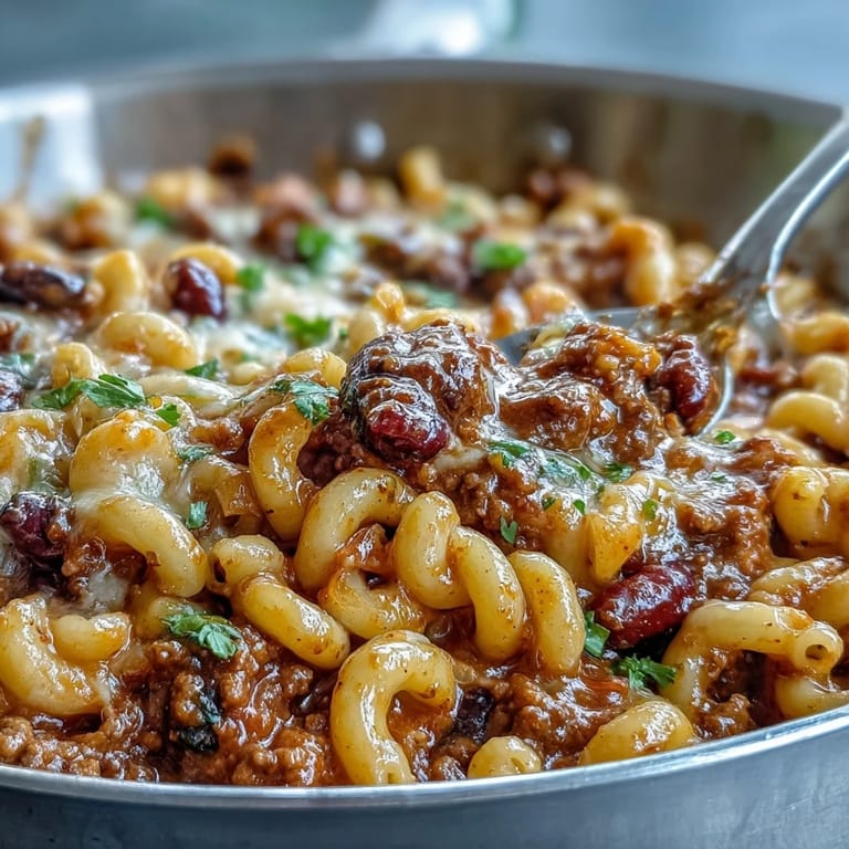 Easy weeknight dinner of One-Pan High Protein Chili Mac topped with jalapeños and tortilla chips.