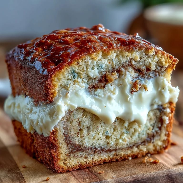 Overhead view of Cream Cheese Cinnamon Swirl Banana Bread in a glass baking dish, highlighting the golden cinnamon sugar topping and rich swirls.