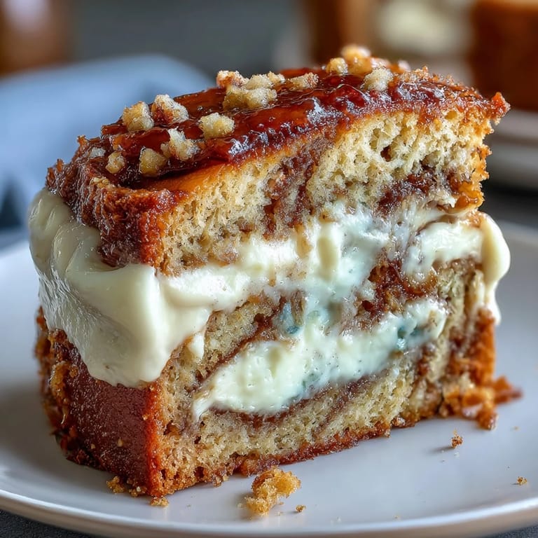 A thick slice of Cream Cheese Cinnamon Swirl Banana Bread sits on a white plate, ready for breakfast with a hot coffee beside it.