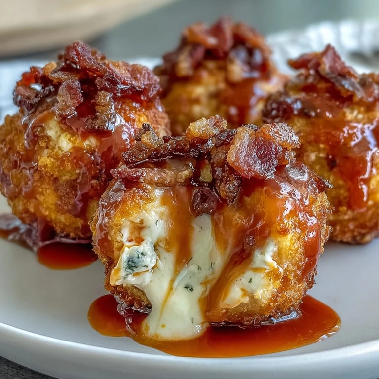 Close-up of Buffalo Chicken Bacon Mozzarella Bombs revealing a gooey mozzarella center and chunky bacon bits.