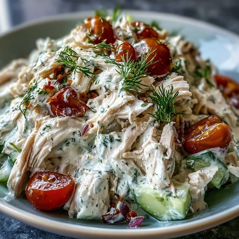 Serve Tzatziki Chicken Salad over spinach with Kalamata olives and avocado for a refreshing gluten-free dinner idea.