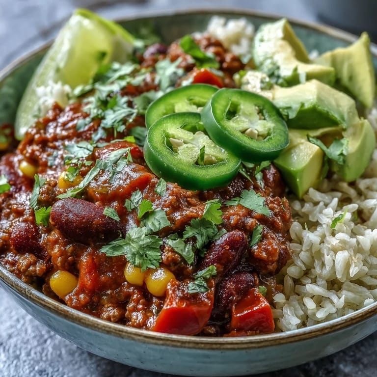 Savory Chili Bowl Base steaming hot, garnished with cheese and green onions.