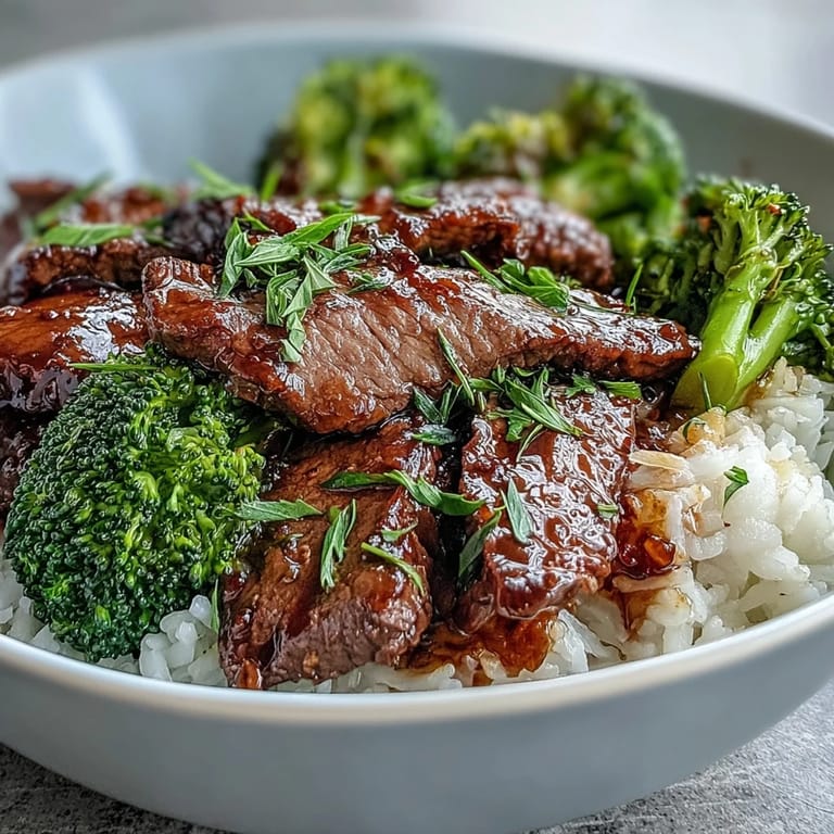 A close-up of the Beef and Broccoli Bowl garnished with green onions and sesame seeds.  