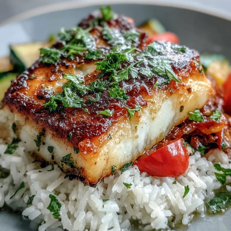 Flaky pan-seared fish served with tender rice and caramelized veggies in a zesty lemon sauce, ready to enjoy.