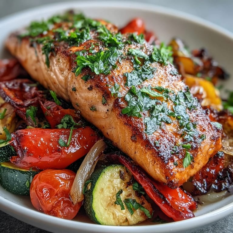 Juicy Sheet Pan Salmon and Veggies Bowl, ready for a quick, colorful weeknight meal.