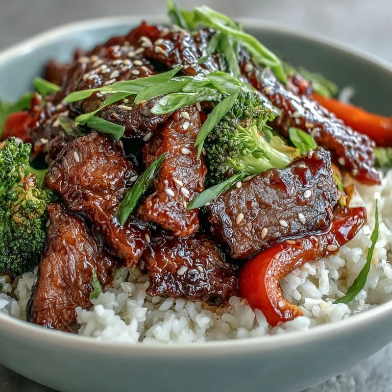 A close-up of Teriyaki Beef Bowl shows juicy beef, crisp broccoli, and steaming rice for dinner.