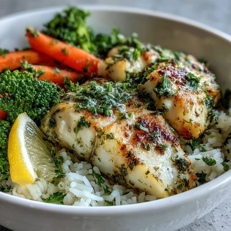 A close-up view shows golden-baked tilapia fillets, steamed broccoli florets, and tender carrot slices over steaming rice.