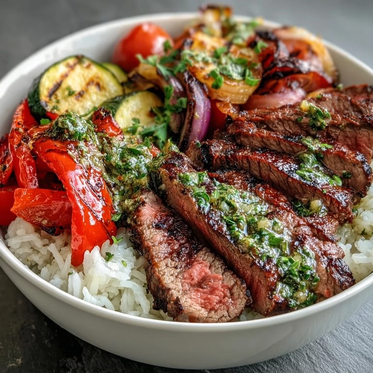 Colorful grilled steak bowl piled high with roasted vegetables, ready to eat.