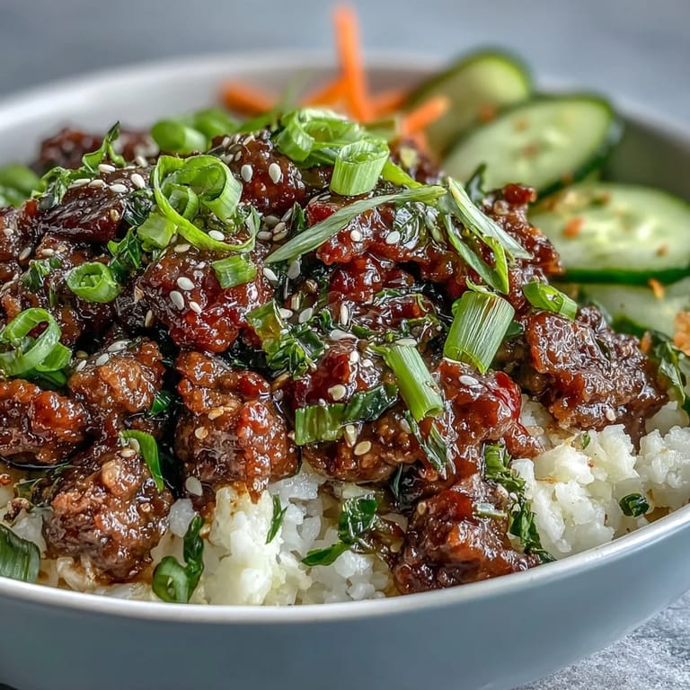 A colorful Korean Ground Beef Bowl topped with tangy pickled carrots and cucumbers, ready to be enjoyed for dinner.