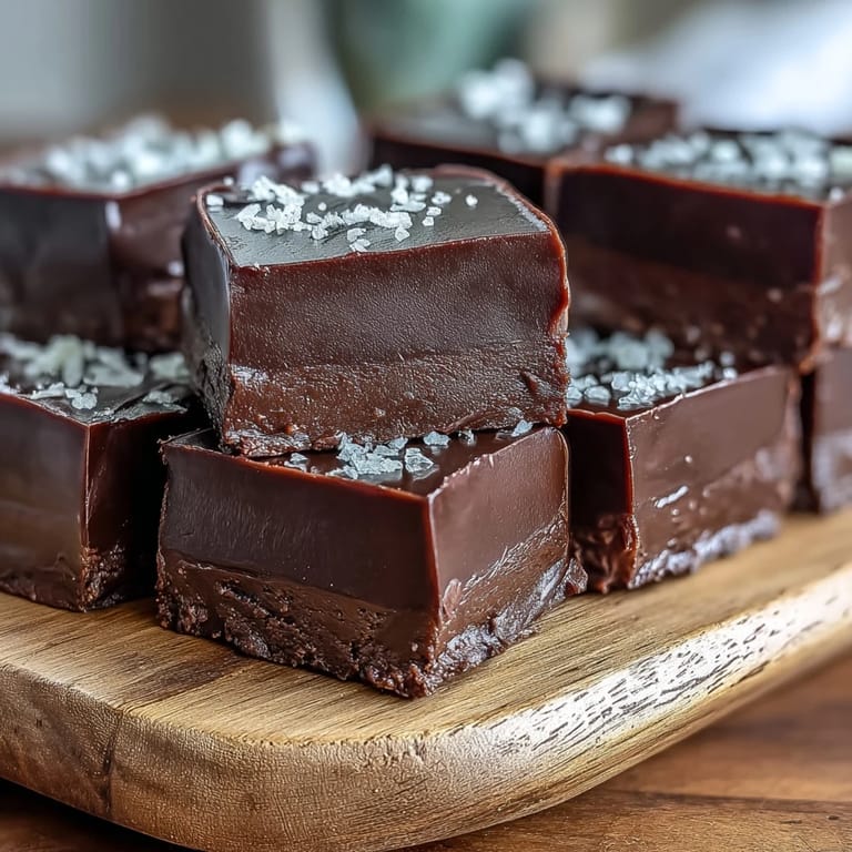 Close-up of glossy Hojicha Fudge squares, highlighting the rich dark and milk chocolate blend with hojicha powder, ready to be served with green tea.