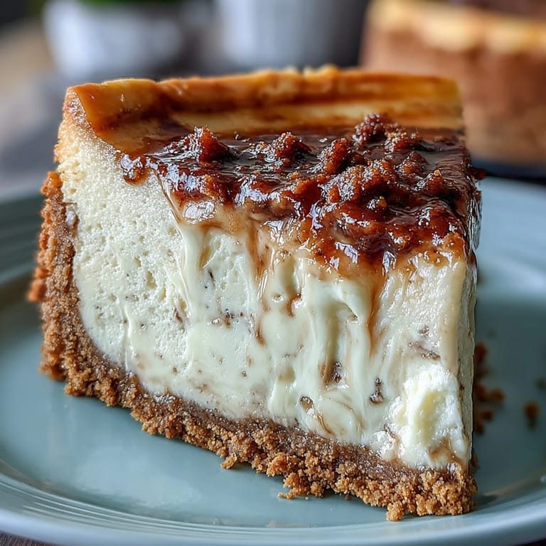 A close-up of Hojicha Cheesecake reveals a creamy texture and a buttery graham cracker crust base.