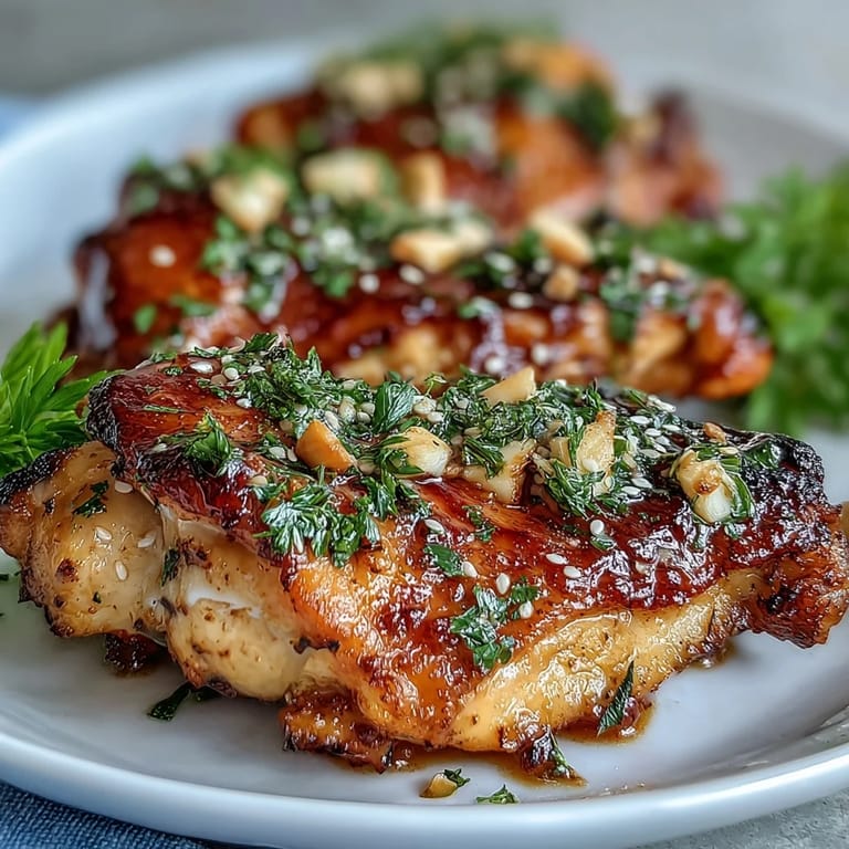 Juicy chicken thighs coated in honey garlic sauce, baked to perfection and garnished with parsley.