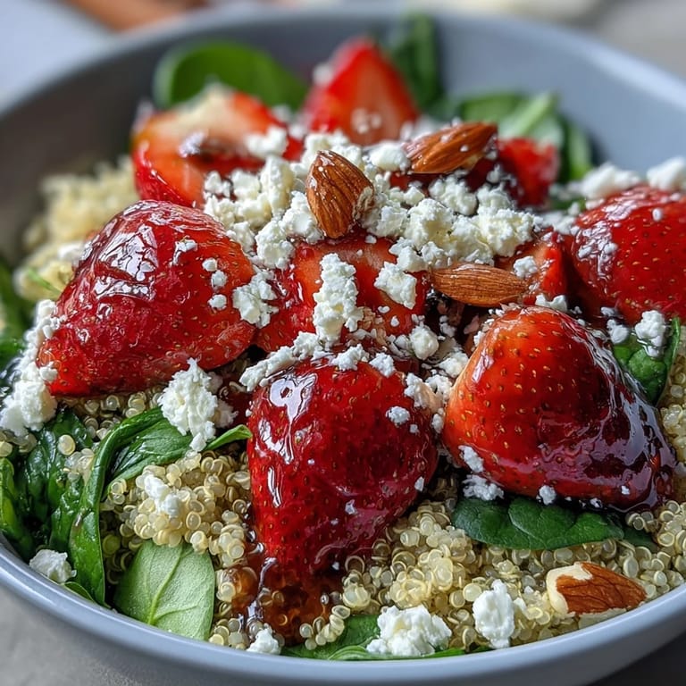 Fresh strawberry and feta quinoa salad tossed with baby spinach and crunchy almonds, drizzled with a sweet-tangy balsamic vinaigrette.